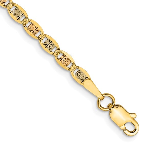 Q-14K Tri-Color Gold Chain Bracelets: 14K- Tri-color with Lobster Clasp Bracelet Length 7 Inches Width 2.75mm Average Weight 2.02 Grams 7-060lvp Reserve: $300.00 Shipping: Domestic: Shipping rates are determined by destination Internation