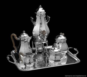 TETARD FRERES ANTIQUE ART DECO 6pc STERLING SILVER TEA SET, SERVING TRAY & WRAPS: Title: TETARD FRERES ANTIQUE ART DECO 6pc STERLING SILVER TEA SET, SERVING TRAY & WRAPS Description:Direct from A Chateau near Tours France, A Truly Magnificent, Original French Art Deco, 6 pc. Sterli