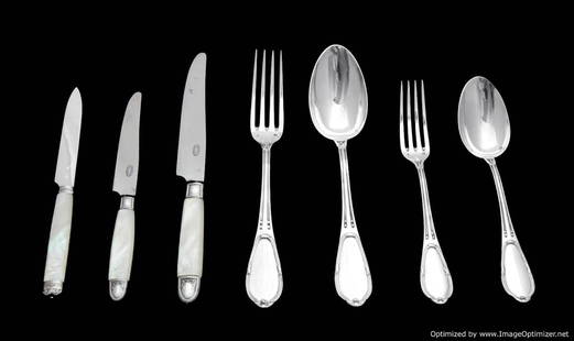 OLIER & CARON - 84pc 950 STERLING SILVER FLATWARE SET MOTHER OF PEARL KNIVES - 1920s: Title: OLIER & CARON - 84pc 950 STERLING SILVER FLATWARE SET MOTHER OF PEARL KNIVES - 1920s Description:Direct from Paris, A Magnificent 84pc. 950 Sterling Silver Flatware Set (Service for 12) Louis X