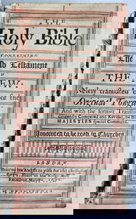1672 BIBLE in ENGLISH antique 17th CENTURY vellum binding: The Holy Bible... London; 1672 2 parts in 1 (Old and New Testament) Both title pages present All leaves are ruled in red Period, but not original vellum binding, repaired (sewn) at the hinges, gilt ed