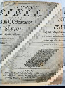1678 BIBLE in ENGLISH w/ ORIGINAL BINDING antique OLD & NEW TESTAMENT 17th CENT.: Bible, English. The Holy Bible..., by John Bill, Christopher Barker, Thomas Newcomb and Henry Hills; 1678 2 parts in 1 (Old and New Testament, both with title pages, without the Apocrypha) bound with