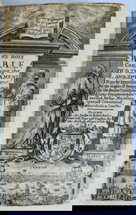 1647 BIBLE in ENGLISH w/ ORIGINAL BINDING antique OLD & NEW TESTAMENT 17th CENT.: Bible, English. The Holy Bible..., London; 1647 2 parts in 1 (Old and New Testament, both with title pages) bound with Psalms of David Original red morocco, gilt, spine gilt in compartments, front cov