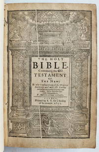 1655 BIBLE in ENGLISH antique ORIGINAL BINDING Old & New Testament: The Holy Bible: Containing the Old Testament and the New. London, E.T. for the Society of Stationers, 1655 (Both engraved Title pages present) PP: A-Zz7. Original full polished red morocco ruled in gi