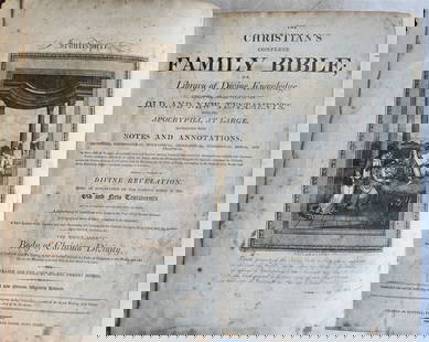 1808 BIBLE in ENGLISH antique ILLUSTRATED FOLIO: THE CHRISTIAN'S FAMILY BIBLE OLD and NEW TESTAMENTS Liverpool; 1808 Size 10 by 15" Fully illustrated Original leather binding. spine with raised bands Binding worn, both covers are detached, spine des