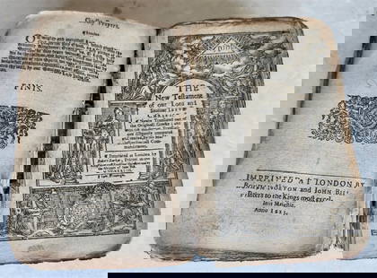 1634 BIBLE in ENGLISH antique New Testament LONDON BARKER & assigns of JOHN BILL: THE NEW TESTAMENT London: Robert Barker & assigns of John Bill; 1634 Original calf, worn, lacking clasps. Spine with raised bands. Missing piece at the bottom of the spine. Cover is almost detached fr