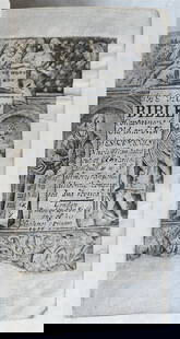 1655 BIBLE in ENGLISH antique LONDON John Field RED MOROCCO BINDING: The Holy Bible containing ye Old and New Testaments, Newly Translated out of ye Original Tongues..., London: printed by John Field, 1655 engraved title torn with loss at foot, cropped to other margins