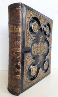 1870s BIBLE SALESMAN SAMPLE RARE antique AMERICANA ILLUSTRATED FOLIO G. DORE: SALESMAN SAMPLE of FAMILY BIBLE (not a complete bible, just a salesman sample) RARE Folio. Size 10 by 12.5" Original embossed leather binding decorated in gilt over wooden boards. Illustrated in color