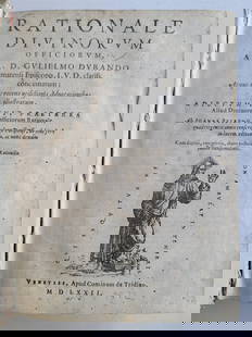 1572 RATIONALE DIVINORUM OFFICIORUM antique Roman Rite laws ceremonies customs: RATIONALE DIVINORUM OFFICIORUM, A R.D. GULIELMO DURANDO Venice, Apud Cominum de Tridino; 1572 Size 6 by 8 11/3" With woodcut title-page device, full vellum binding with title label to the spine 375 lv