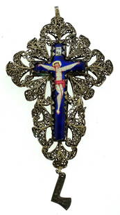 ITALIAN SILVER ENAMEL CROSS PENDANT C.1960 UNIQUE STAMPED: N-JOO ITALIAN SILVER ENAMEL C.1960 CROSS PENDANT MEASURES 4 1/4 X 2 3/8'' BAIL 1/4'' WEIGHT 23.8 G Reserve: $112.00 Shipping: Domestic: Flat-rate of $49.95 to anywhere within the conti