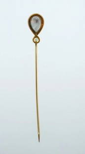 Antique 10k Yellow Gold Moonstone Pearl Pin: NS JGT Antique 10k yellow gold moonstone pearl pin Measurements: 1/16" W x 2 5/8 " L, top part is 3/8" W x 5/8" L Weight is 2.0 grams In excellent condition; wear consistent with age and use (please s