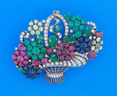 Art Deco TUTTI-FRUTTI PENDANT PIN BROOCH DIAMOND GEMSTONE SILVER GOLD 1910s Fab: V TTOO Art Deco 1910s, Diamond Colored Gem Stones Silver & Gold Tutti-Frutti Pin/Pendant This delicate and sophisticated open-work pin/pendant created in Europe in the 1910's. Invented by Cartier in 1