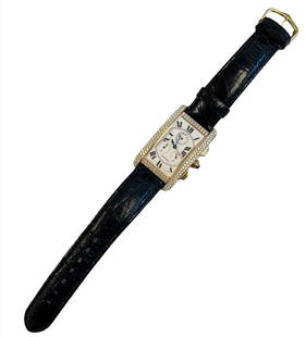 CHIC Cartier Tank 18k Yellow Gold, Crocodile & Diamond Wristwatch: KG- E000 Cartier Tank 18k Yellow Gold, Crocodile & Diamond Wristwatch Weight: 55.7 grams. Measurements: length is 9 1/8 inches, length of the face is 1 &#190; inches, width of the face is &#188; of an