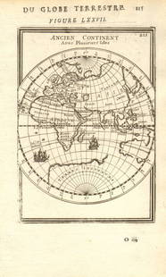 EASTERN HEMISPHERE. Europe Asia Africa. Australia incomplete. MALLET 1683 map: TITLE OF THE MAP: 'Ancien Continent avec plusieurs Isles' (Du Globe Terrestre) Australia appears partly outlined. Enhanced with small ships. Partial outline of Terra Australis, the hypothesised southe