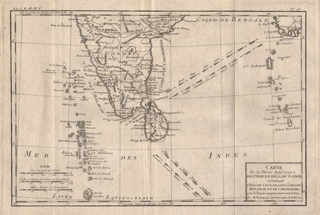 Partie inferieure de l'Inde en deca du Gange. Southern India. BONNE 1780 map: TITLE/CONTENT OF MAP: 'Carte de la Partie Inferieure De L'Inde En Deca Du Gange' A map of Southern India, the Maldives, Sri Lanka, and the Andaman & Nicobar Islands DATE PRINTED: 1780  IMAGE SIZE