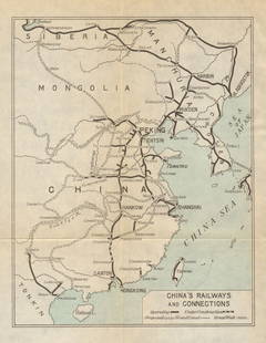 China''s Railways and Connections 1924 old vintage map plan chart: TITLE/CONTENT OF MAP: 'China's Railways and Connections' DATE PRINTED: 1924  IMAGE SIZE: Approx 20.0 x 15.5cm, 8 x 6 inches (Medium); Please note that this is a folding map. TYPE: Antique colo