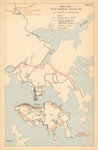 Hong Kong, British Dispositions, December 1941 1957 old vintage map plan chart: CAPTION PRINTED BELOW PICTURE: 'Hong Kong, British Dispositions, December 1941' DATE PRINTED: 1957  IMAGE SIZE: Approx 24.0 x 15.5cm, 9.25 x 6 inches (Medium) TYPE: Vintage colour military his