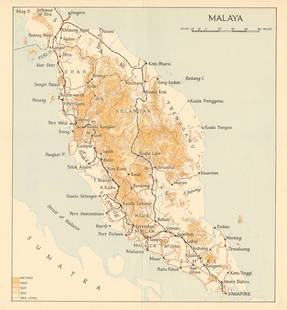 Malaya in 1941. Malaysia 1957 old vintage map plan chart: CAPTION PRINTED BELOW PICTURE: 'Malaya' DATE PRINTED: 1957  IMAGE SIZE: Approx 24.0 x 22.0cm, 9.25 x 8.75 inches (Medium); Please note that this is a folding map. TYPE: Vintage colour military