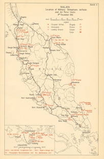 Malaya & Singapore. Military deployment & airfields, 8th December 1941 1957 map: CAPTION PRINTED BELOW PICTURE: 'Malaya, Location of Military Formations, Airfields and Air Force Units, 8th December 1941' DATE PRINTED: 1957  IMAGE SIZE: Approx 24.0 x 15.5cm, 9.25 x 6 inches (Medium