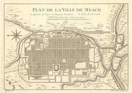 Plan de la Ville de Meaco'. Kyoto town city plan, Japan. BELLIN 1752 old map: CAPTION PRINTED BELOW PICTURE: Plan de la Ville de Meaco A.Quartier de Dayri ou Empereur hereditaire B. Palais du Cubosama [Plan of the city of Kyoto] DATE PRINTED: 1752  IMAGE SIZE: Approx 20.5 x 29.