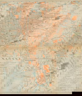 Nagoya antique town city plan. Japan 1914 old vintage map chart: TITLE/CONTENT OF MAP: 'Nagoya' DATE PRINTED: 1914  IMAGE SIZE: Approx 30.5 x 26.0cm, 12 x 10.25 inches (Large); Please note that this is a folding map. TYPE: Antique colour map CONDI