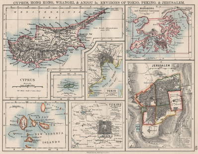 CYPRUS HONG KONG TOKYO PEKING JERUSALEM. City plans. Anzhu islands 1900 map: TITLE/CONTENT OF MAP: 'Cyprus, Hong Kong, Wrangel & Anjou Is. environs of Tokio, Peking & Jerusalem' DATE PRINTED: 1900  IMAGE SIZE: Approx 21.0 x 27.0cm, 8.25 x 10.5 inches (Medium) TYPE: Ant