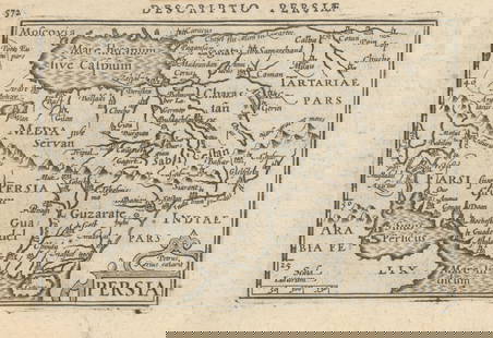 Persiae / Persia by Bertius / Langenes. Iran 1603 old antique map plan chart: CAPTION PRINTED BELOW PICTURE: 'Descriptio Persiae / Persia' DATE PRINTED: 1603  IMAGE SIZE: Approx 10.5 x 17.0cm, 4.25 x 6.5 inches (Small) TYPE: Antique copperplate map CONDITION: