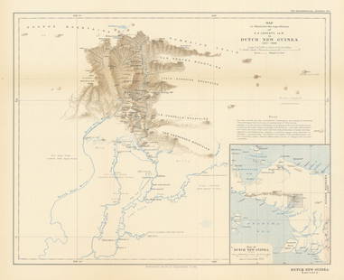 The expeditions of H. A. Lorentz in Dutch New Guinea, 1907-1909. RGS 1911 map: CAPTION PRINTED BELOW PICTURE: 'Map to illustrate the expeditions of H. A. Lorentz LL.D. in Dutch New Guinea, 1907-1909' Hendrikus Albertus Lorentz participated in three expeditions to Dutch New Guine