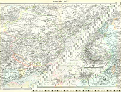 CHINA. & Tibet; maps of Hong Kong Harbour; 1907 old antique plan chart: CAPTION PRINTED BELOW PICTURE: 'China and Tibet; Inset maps of Hong Kong Harbour; Hong-Kong' DATE PRINTED: 1907  IMAGE SIZE: Approx 37.0 x 49.0cm, 14.75 x 19.25 inches (Large); Please note that this i