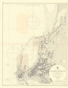 Colombo Harbour, Ceylon Sri Lanka. ADMIRALTY sea chart city plan 1907 (1956) map: CAPTION PRINTED BELOW PICTURE: 'Ceylon - West Coast - Colombo Harbour' DATE PRINTED: Surveyed 1906-1952. Published 1907. New edition 1953. Corrections to 1956  IMAGE SIZE: Approx 101.5 x 69.5cm, 40 x