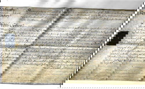 1740 English Vellum Manor Surrender Edmonton: Nicely penned English manor document dated 1740 before the court of Frank Pledge of the manor of Edmonton in Middlesex. In Palmer's Green, Blue revenue stamps, tax stamp, signed by the manor Steward.