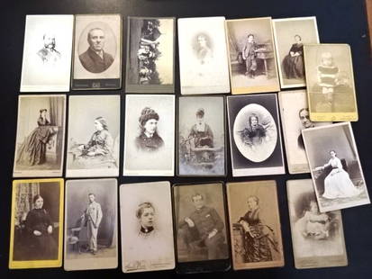 Twenty CDV Photocards: A lot of twenty CDV photocards from the latter 19th century, England,. Many with photographer imprints on verso. Fine lot. Reserve: $20.00 Shipping: Domestic: Flat-rate of $10.00 to anywhere within th