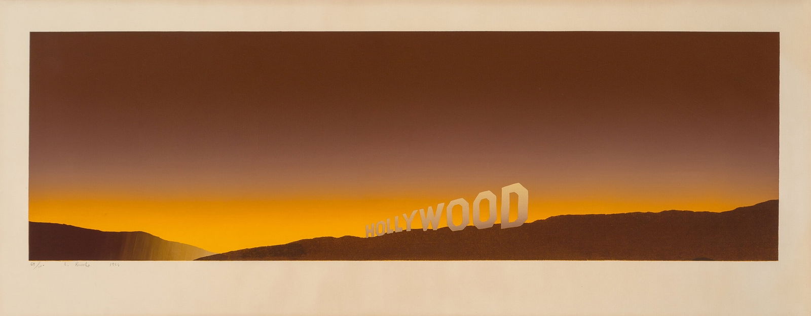 Ed Ruscha 'Hollywood' Print in Colors: Description: Ed Ruscha 'Hollywood' Print in Color measuring at 12.5 x 40 inches Date: 1968 Material: Fine Art Paper Additional Information: Possible reproduction/printed later. Reserve: $60.00 Shippin