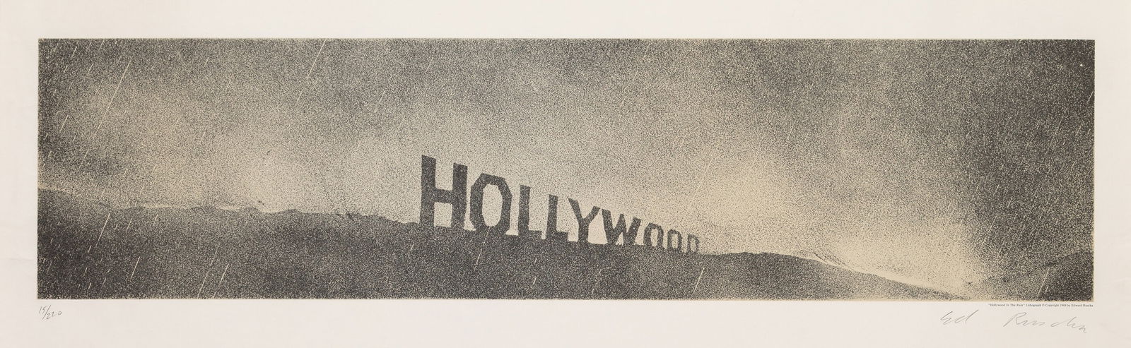 Ed Ruscha "Hollywood in the Rain" Print in Colors: Description: Ed Ruscha 'Hollywood in the Rain' Print in Color measuring at 8x32.5 inches Date: 1970 Material: Fine Art Paper Additional Information: Possible reproduction/printed later. Reserve: $60.0