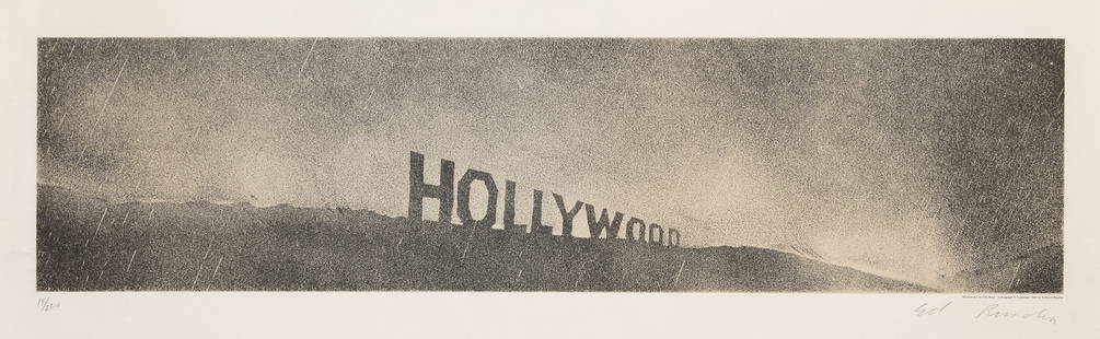 Ed Ruscha "Hollywood in the Rain" Print in Colors: Description: Ed Ruscha 'Hollywood in the Rain' Print in Color measuring at 8x32.5 inchesDate: 1970Material: Fine Art PaperAdditional Information: Possible reproduction/printed later. Reserve: $60.00