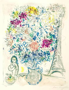 Marc Chagall Bouqet with Eifel Tower print: Description: Marc Chagall Bouqet with Eifel Tower print measuring at 24x18.5 inchesDate: 1958Material: Fine Art PaperAdditional Information: Possible reproduction/printed later. Reserve: $50.00 