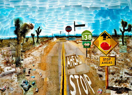 David Hockney 'Pear Blossom highway' Print: Description: David Hockney 'Pear Blossom highway' Print measuring at 34x23.5 inchesDate: 1986Material: Fine Art PaperAdditional Information: Possible reproduction/printed later. Reserve: $50.00 