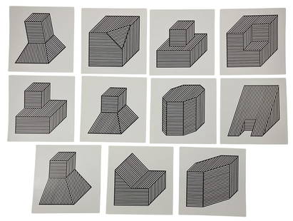 22 Pc Sol Lewitt Isometric Prints: Description: Lot of 22 Sol Lewitt Isometric Prints measuring at 8x8.5" eachDate: UnknownMaterial: Fine Art PaperAdditional Information: Possible reproduction/printed later. Reserve: $50.00 
