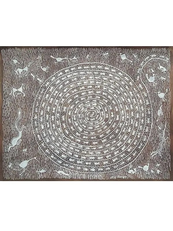 Circle Of Unity - Tribal Painting | Cow Dung And White Acrylic | By Pravin Mhase: Circle Of Unity - Tribal Painting | Cow Dung And White Acrylic | By Pravin Mhase Reserve: $59.00 Shipping: Domestic: Shipping rates are determined by destination International: Foreign shipping rates 