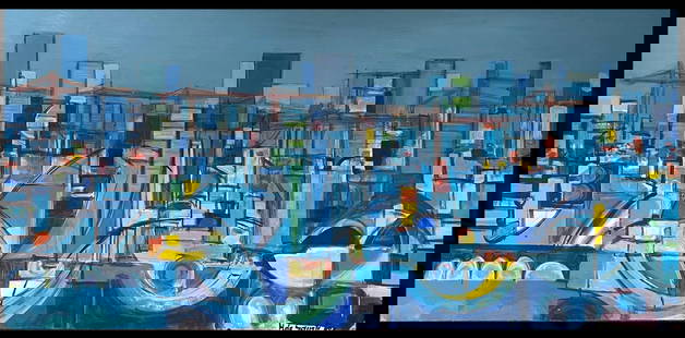 Huge 20th Century French Cubist Abstract Cityscape in Blue Amazing Colors: About the Item Abstract Cityscape by H. de Sainte Foi (French 20th century) signed oil on board, unframed board: 24 x 47 inches Provenance: private collection, France Condition: all corners are worn a