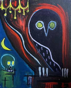 20th Century French Modernist Abstract Painting Figurative Work Skeletal Head: About the Item Abstract Modernist Composition The artist, Raymond Guidot (1935 - 2021) was a Parisian art historian, critique and teacher. oil painting on board, unframed board: 10.5 x 9 inches stampe