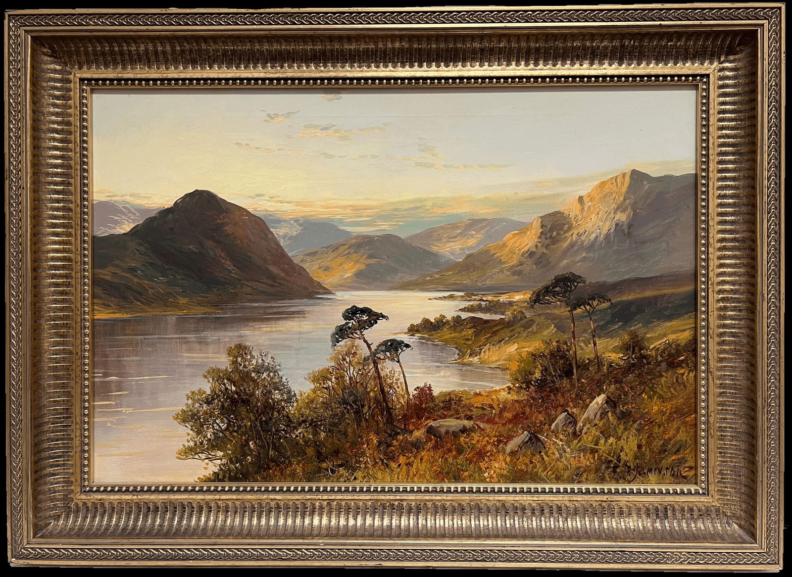 Antique Scottish Highlands Sunset over the Loch Landscape Signed Oil Painting 1920's: About the Item Sunset over the Highland Loch by F. E. Jamieson (British 1895-1950) signed oil on canvas, framed framed: 26 x 36 inches canvas: 20 x 30 inches provenance: private collection, UK conditi