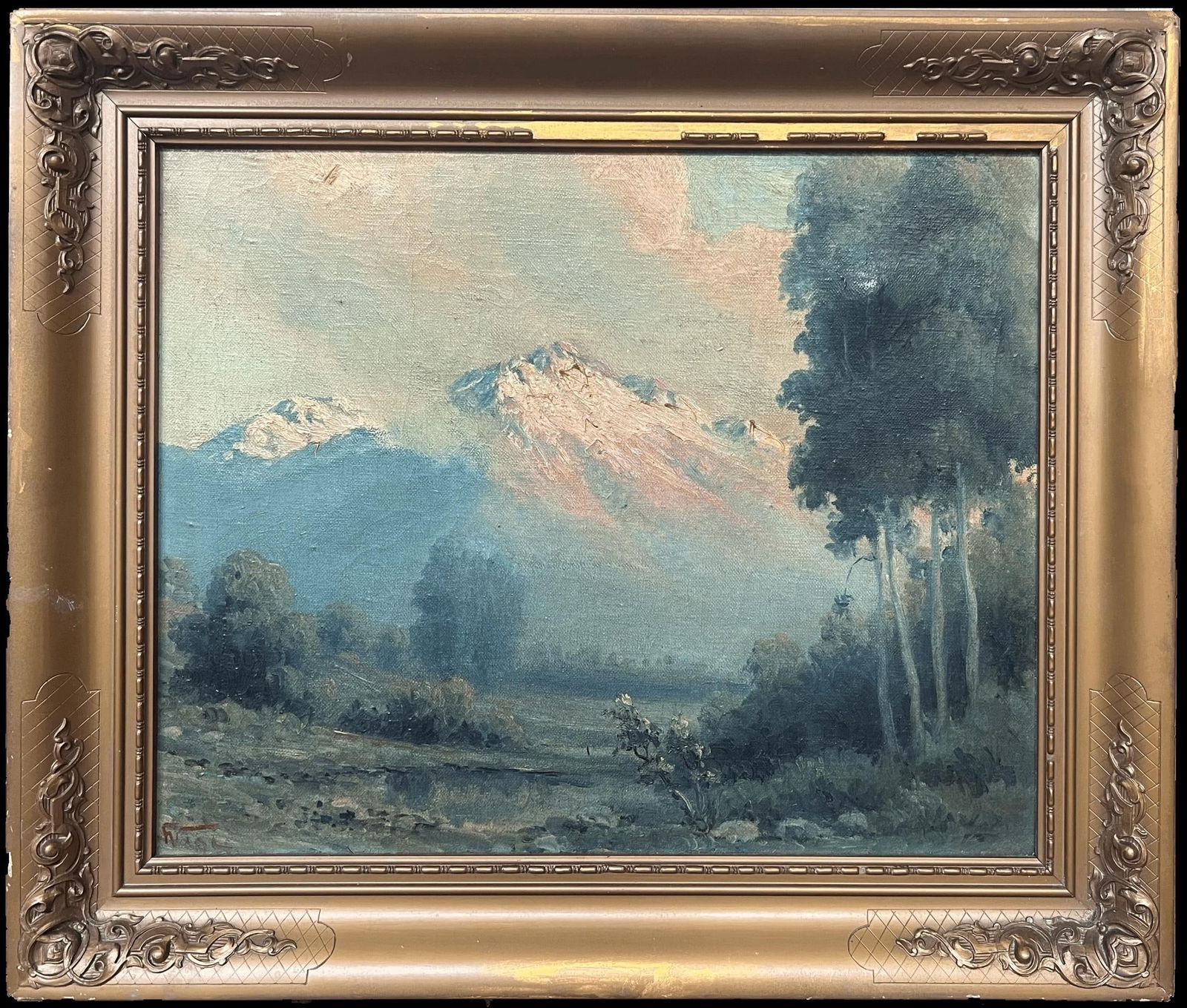The Italian Alps Antique Italian Signed Oil Painting on Canvas Landscape View: About the Item The Italian Alps Italian School, early 20th century signed oil on canvas, framed framed: 18 x 21.5 inches canvas: 14 x 17 inches Provenance: private collection, Shropshire, England Cond