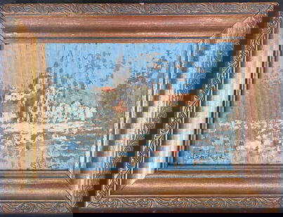 River Building Water Reflection French Oil Landscape Painting: About the Item Riverside Reflections Signed by Fanch Lel ( French School) Framed: 9.75 x 12.5 inches board: 6.5 x 9.25 inches Oil painting on cardboard, framed Condition: The painting is in good condi