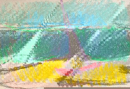 20th Century French Expressionist Sailing Boat in Colourful Shore Pastel: About the Item Sailing Boat at Bay by Akos Biro (Hungarian 1911-2002) pastel drawing on artist paper, unframed painting: 6.5 x 9.75 inches provenance: the artists estate, France condition: good condit