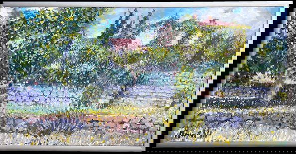 Huge French Signed Oil Painting Provencal House in Floral Garden Large Canvas: About the Item The Provencal House French, mid/second half 20th century indistinctly signed oil painting on canvas, framed framed: 28.75 x 47 inches canvas: 22.75 x 46 inches condition: very good prov