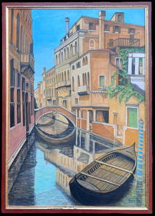 Huge Signed Oil Painting Tranquil Italian Canal Venice Backwater Old Houses 2000: About the Item The Venetian Backwater French artist, signed and dated 29/4/2000 oil painting on canvas, framed framed: 48.5 x 35 inches canvas: 46 x 32 inches condition: very good provenance: private