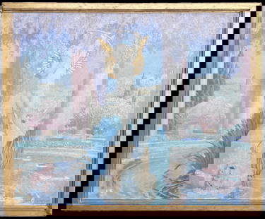 Huge French 1930's Signed Oil Classical Roman Fountain Statue Floral Scene 1933 1933: About the Item The Roman Statue by Gabriel Jules-Charles Girodon (French, 1884&#8211;1941) *see notes below signed and dated oil painting on canvas, framed framed: 38 x 47 inches canvas: 36 x 44 inche