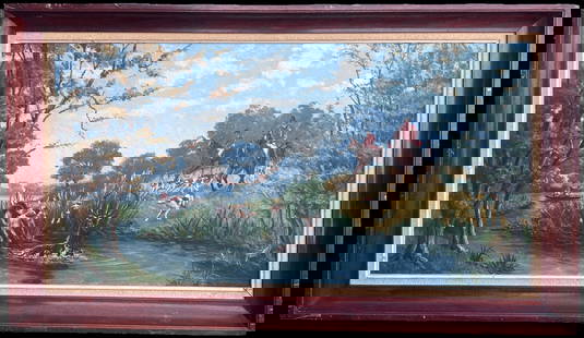 Huge French Hunting Scene Horse & Hounds Chasing Stag through River Signed Oil: About the Item The Chase French School, early 20th century signed 'L. Masson' signed oil painting on canvas board, framed framed: 29.5 x 51 inches board: 25.5 x 47 inches condition: very good provenan