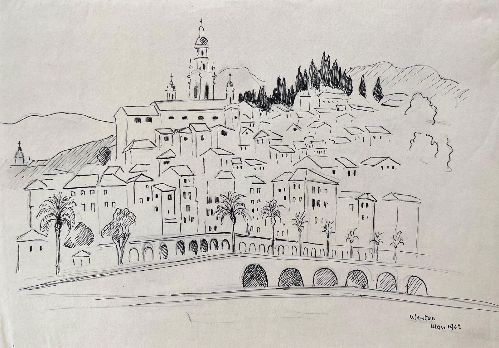 Mid-20th Century Post-Impressionist Drawing of Menton France Dated 1969 1969 (1 of 14)
