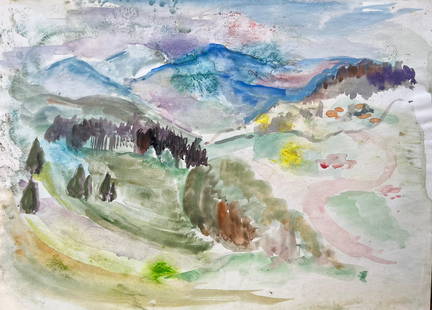 Mid-20th Century Post-Impressionist Mountain Landscape in Watercolour: About the Item Title: Mid-20th Century Post-Impressionist Mountain Landscape in Watercolour by Anne Marie Migette Perard (French 1902-1977) Medium: Watercolor on unframed paper Size: 11.25 inches (hei